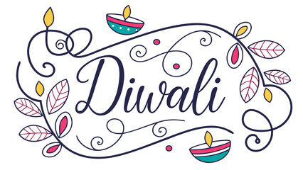 Celebrate Diwali with this festive design featuring the word "Diwali" surrounded by decorative swirls, leaves, and traditional oil lamps