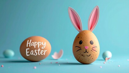 Easter eggs with bunny ears, happy text, and face on a pale blue background with scattered pink confetti