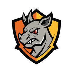 Fierce rhino mascot logo design with aggressive expression and orange shield background