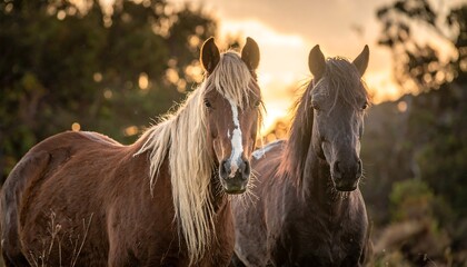 Obraz premium Two horses stand side-by-side in a field illuminated by the warm glow of the setting sun, bokeh in background