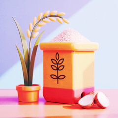 3D Render of Rice Plant, Bag, and Grains food