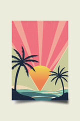 Retro tropical sunset with palm trees, vintage style illustration of a beach