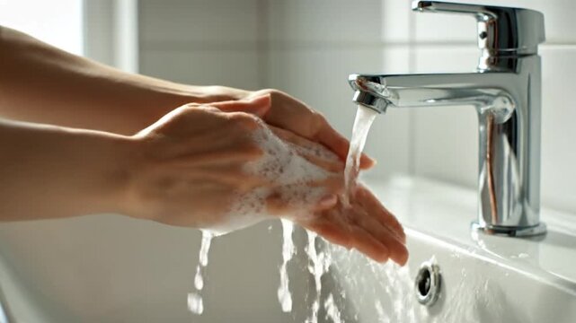A person washing their hands thoroughly with soap and water under a modern chrome faucet in a clean bathroom sink, creating a lather of bubbles