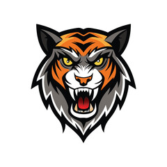 Fierce tiger mascot head roaring with aggressive expression and sharp teeth