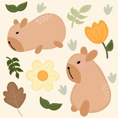Cute capibara with leaves and flowers seamless pattern in beige background
