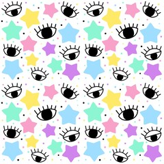 Black eyes with colorful pastel colors stars and dots seamless pattern in white background