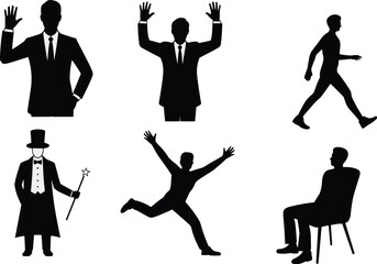 Human silhouette, people pose, business gesture, magician icon, walking figure, sitting man, jumping person, flat vector illustration