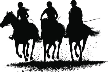 Horse riding silhouette, galloping horses, cowboy action, black vector illustration, dynamic motion, equestrian sport, flat vector illustration, western riders, speed