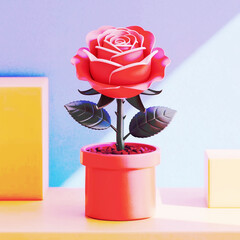 Red rose in a red pot with pastel background flower