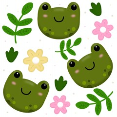 Cute frog face with flowers and leaves seamless pattern in white background