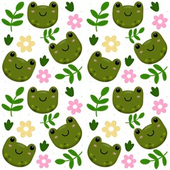 Cute frog face with flowers and leaves seamless pattern in white background