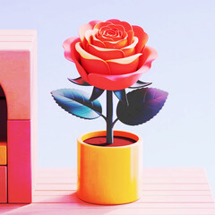 Red rose in a yellow pot on a pink surface flower