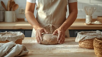 Woman Kneading Artisan Sourdough Bread Dough on Wooden Table in Rustic Home Kitchen with Natural Light