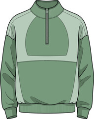 Quarter zip sweatshirt front view, high collar pullover sketch, color block fashion design, ribbed cuffs and hem, flat vector illustration
