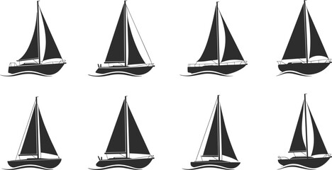 sailboat silhouettes, nautical icons, marine vessels, black and white boats, sailing clipart, ocean transport, minimalist design, flat vector illustration