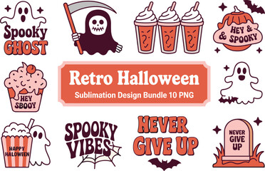 Retro Halloween sublimation design bundle, spooky ghost clipart set, vintage cartoon PNG graphics, holiday print decor, flat vector illustration