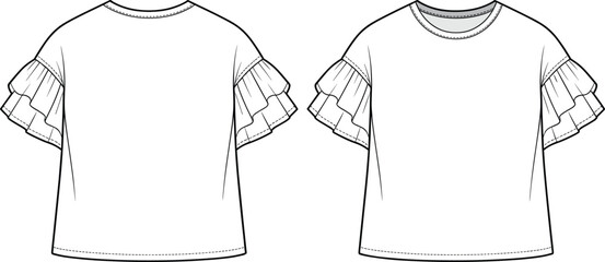 Short sleeve ruffle top front and back view, round neckline, fashion sketch, garment design, sewing detail, flat vector illustration