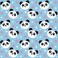 Cute panda face with white stars and pink hearts seamless pattern in blue background