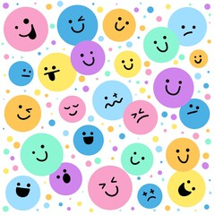 Cute faces emojis and dots in colorful pastel colors seamless pattern in white background