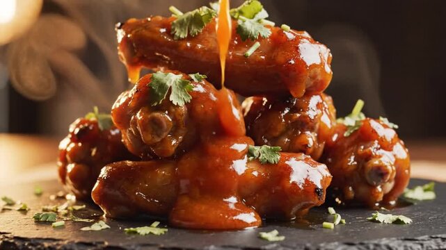 Delicious bbq chicken wings being drizzled with sauce and garnished with fresh cilantro, presented on a dark slate plate