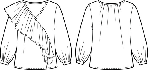 Women's blouse fashion sketch, front and back view, V-neck top, ruffle detail, long sleeve, garment design, flat vector illustration