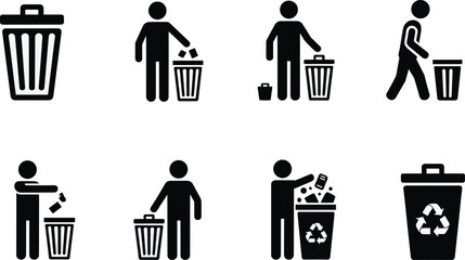 Trash bin, recycling icon, waste management, person throwing garbage, eco symbol, black and white, flat vector illustration, environment care