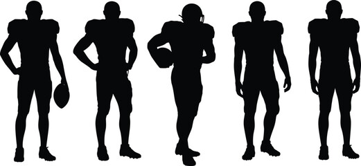 American football silhouettes, athlete poses, sports gear, helmet players, team lineup, dynamic stance, football vector, flat vector illustration