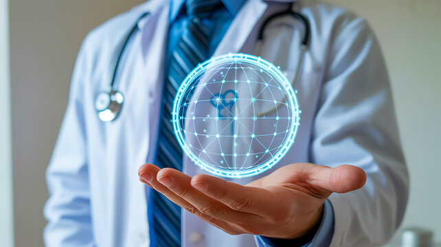 Doctor holding digital hologram of medical healthcare technology innovation