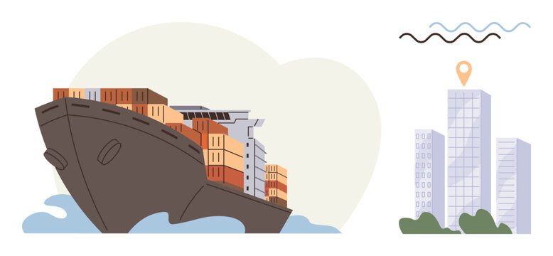 Fototapeta Massive cargo ship carrying containers on ocean waves approaching destination near city buildings marked with a location pin. Ideal for trade, logistics, shipping, import, export, commerce, global