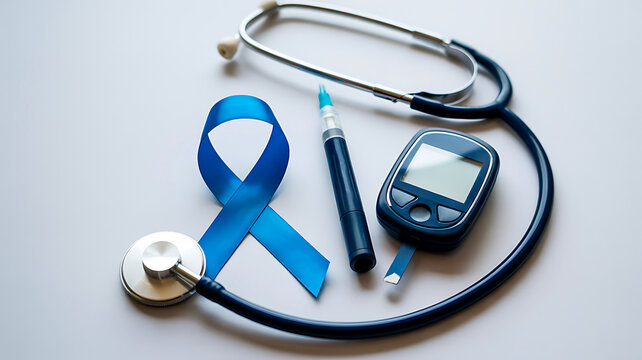Blue ribbon with stethoscope and glucometer symbolizing diabetes awareness and health care concept
