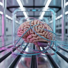 Futuristic digital brain network technology isolated on white background