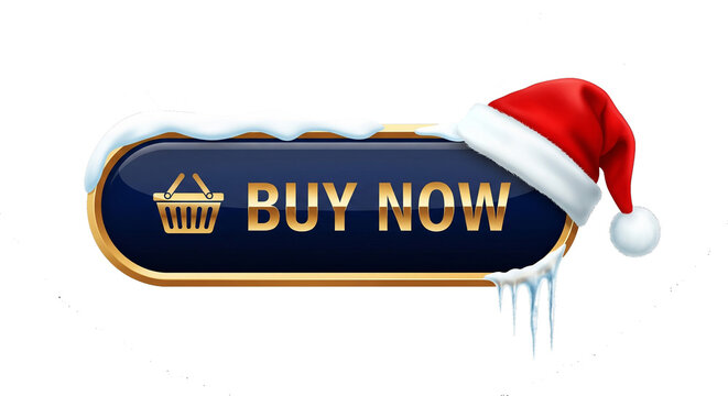 Christmas sale Buy Now button with a Santa hat, snow, and icicles. Vector for holiday e-commerce and online shopping promotions.