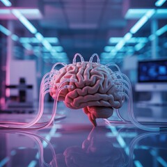 Futuristic brain with cybernetic connections isolated on white background