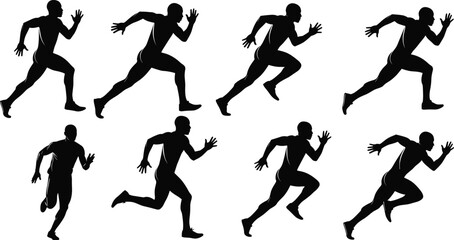 Silhouette illustration of running athletes in different sprinting positions, dynamic sports action, fitness training, speed and movement concept, healthy lifestyle, vector art