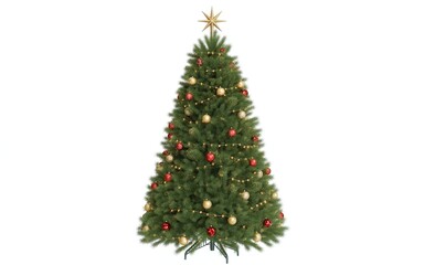 Realistic Christmas Tree with Shiny Ornaments, Golden Star, and Sparkling Lights Isolated on White Background