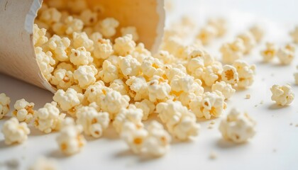 Popcorn spilling from paper cup on white background.