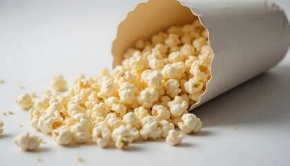 Popcorn spilling from paper cup on white background.