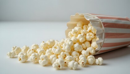 Popcorn spilling from paper cup on white background.