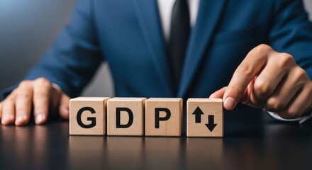 GDP Growth Concept Businessman Arranging Wooden Blocks With GDP Arrows