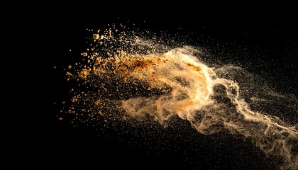 Golden dust explosion isolated on black, creating a fluid and ethereal effect