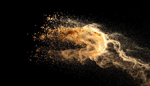 Golden dust explosion isolated on black, creating a fluid and ethereal effect