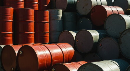 Stacked Red And Grey Industrial Oil Drums Storage In Warehouse