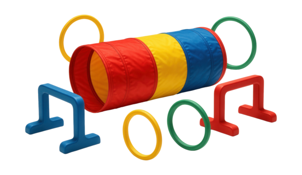 A play tunnel with hurdles and hoops, perfect for school physical education classes.