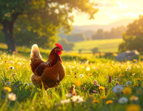 A brown hen in a field of wildflowers under a sunny sky.