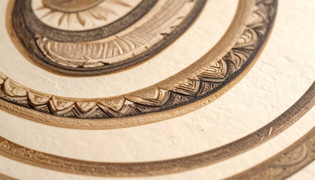 Intricate, concentric rings etched into light textured surface, varying in depth and design; warm neutral tones