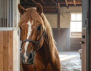 A chestnut horse with a white blaze stands in a stable doorway, looking directly at the camera.