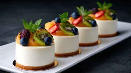 Elegant dessert display featuring creamy mousse topped with fresh fruits and mint on a stylish platter