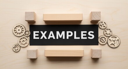 Examples Concept with Gears and Wooden Blocks Flat Lay Presentation Idea