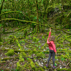 petite fille vêtue en rouge perdue au milieu d'une forêt inquiétante, mousse, humide, petit chaperon rouge,