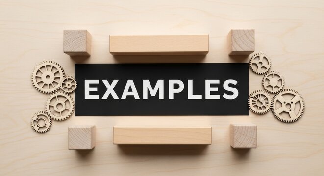 Examples Concept with Gears and Wooden Blocks Flat Lay Presentation Idea